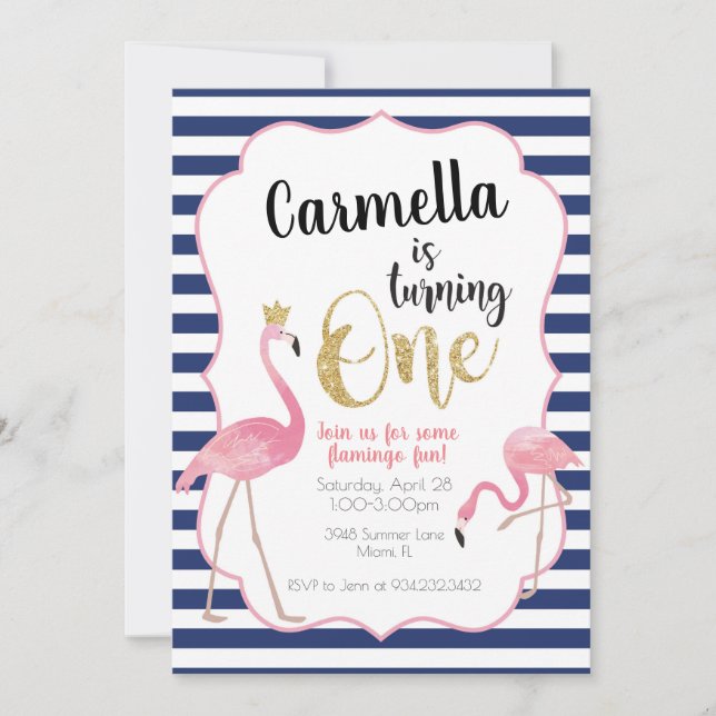 Flamingo First Birthday Invitation Navy Stripes (Front)