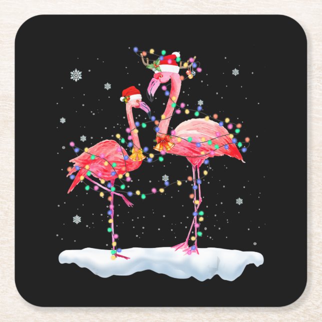 Flamingo | Flamingo Christmas Tree Santa Hat Xmas Square Paper Coaster (Front)