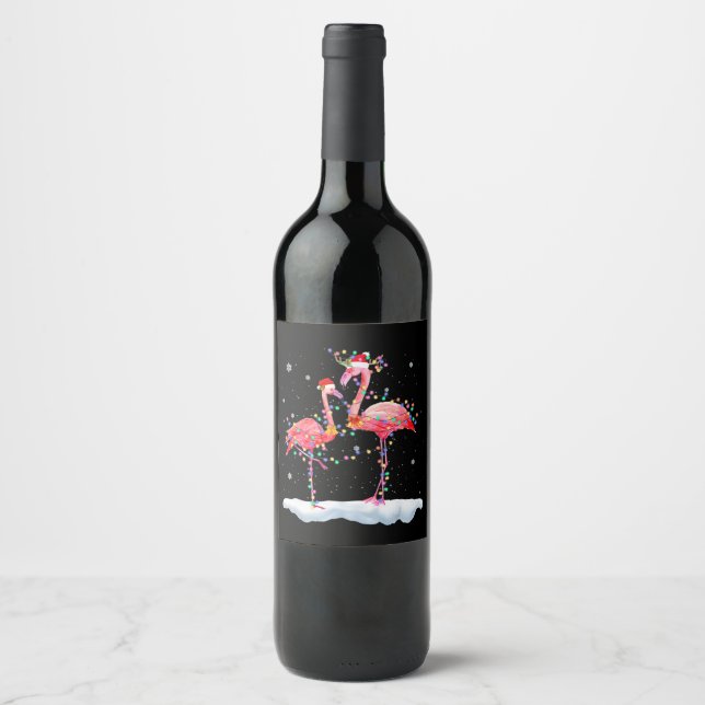 Flamingo | Flamingo Christmas Tree Santa Hat Xmas Wine Label (Front)