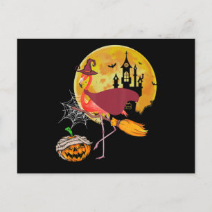 Flamingo Flamingo Riding Broom Pumpkin Halloween Postcard
