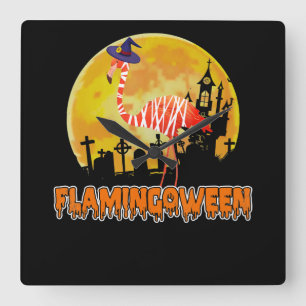 Flamingo   Flamingoween Funny Witch Halloween Square Wall Clock