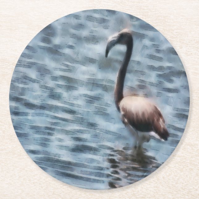 Flamingo Fledgling Watercolor Round Paper Coaster (Front)