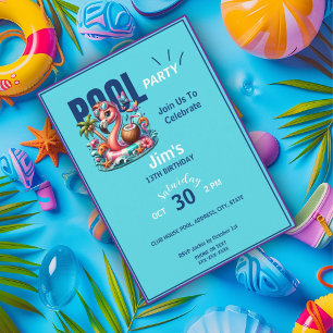 Flamingo Floating In Pool Birthday Party Invitation