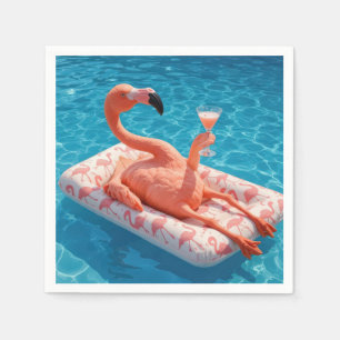 Flamingo Floating With a Cocktail In a Pool Napkin