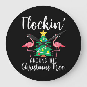 Flamingo Flockin Around Christmas Tree Flamingo Large Clock