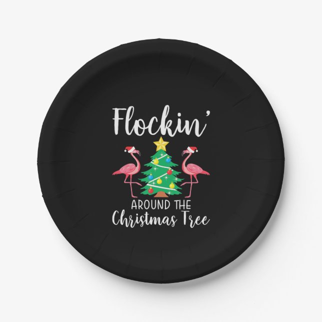 Flamingo | Flockin Around Christmas Tree Flamingo Paper Plate (Front)
