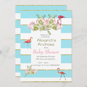 Flamingo Floral Blue Stripe Baby Shower Invitation