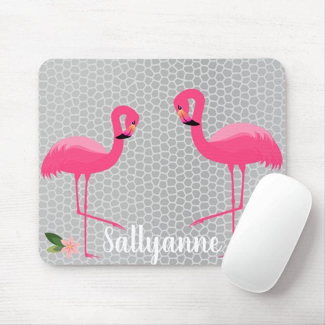 FLAMINGO FLORAL CUSTOMIZABLE SILVER GREY LEOPARD MOUSE PAD (With Mouse)