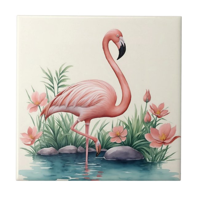 Flamingo Floral Pink Bird Tile (Front)