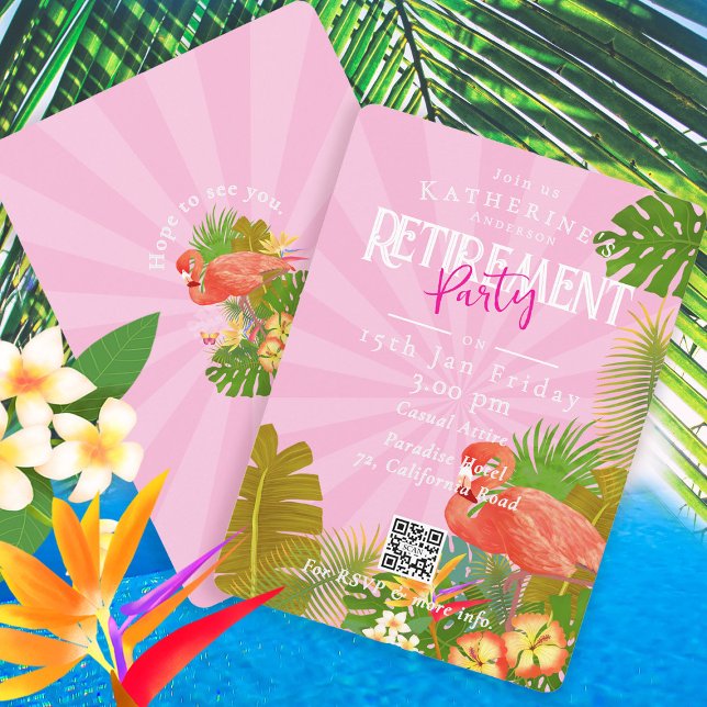 Flamingo Florida Tropical Pink Retirement Invitation (Flamingo Tropical Retirement Party Invitation Card.)
