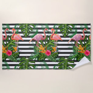 Flamingo Flowers Hibiscus Black White Stripe Beach Towel