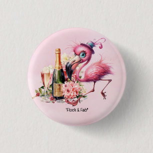 Flamingo Funny Face with Champagne for party  3 Cm Round Badge