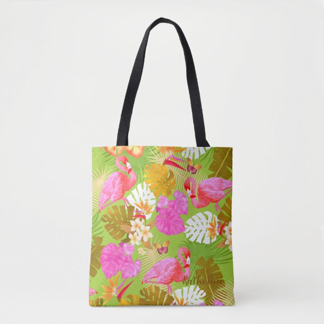 Flamingo Garden Bright Green Tote Bag (Front)