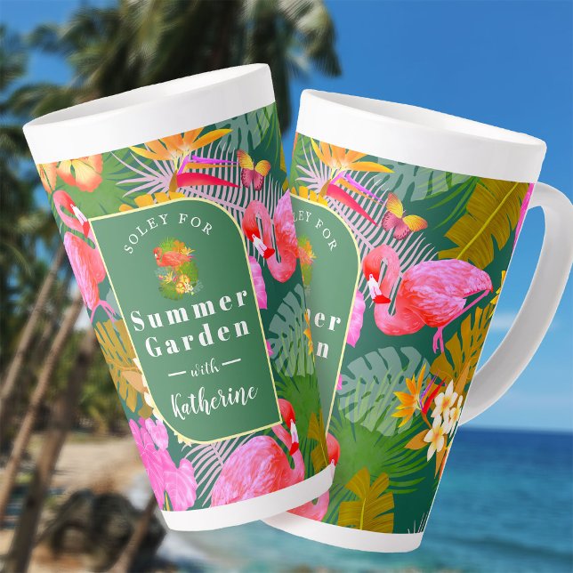 Flamingo Garden Dark Green Latte Mug (Flamingo Garden Dark Green Latte Mug.)