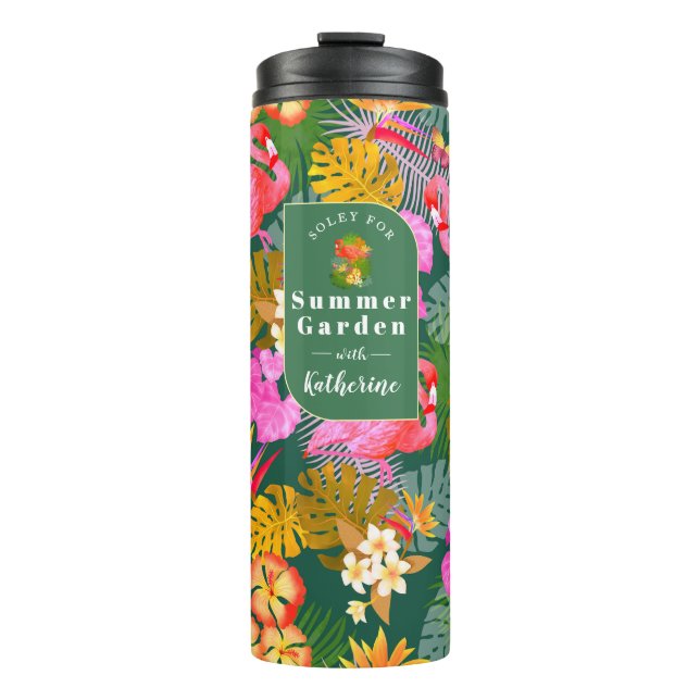Flamingo Garden Dark Green Thermal Tumbler (Front)