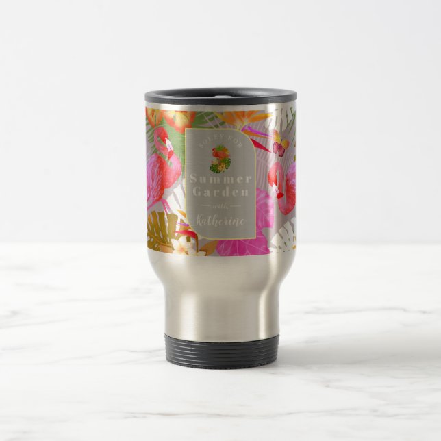 Flamingo Garden Grey Travel Mug (Center)