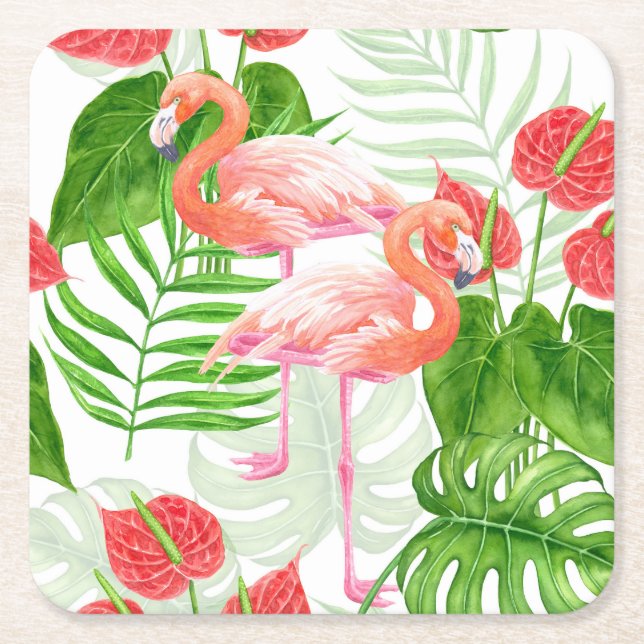 Flamingo garden square paper coaster (Front)