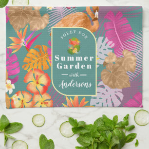 Flamingo Garden Turquoise Tea Towel