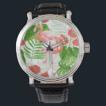 Flamingo garden watch<br><div class="desc">Watercolor pattern design with flamingo flowers and birds,  monstera and palm leaves.</div>