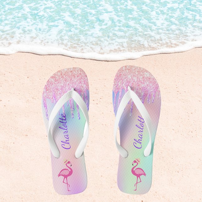 Flamingo glitter tropical name pink holographic jandals (Creator Uploaded)