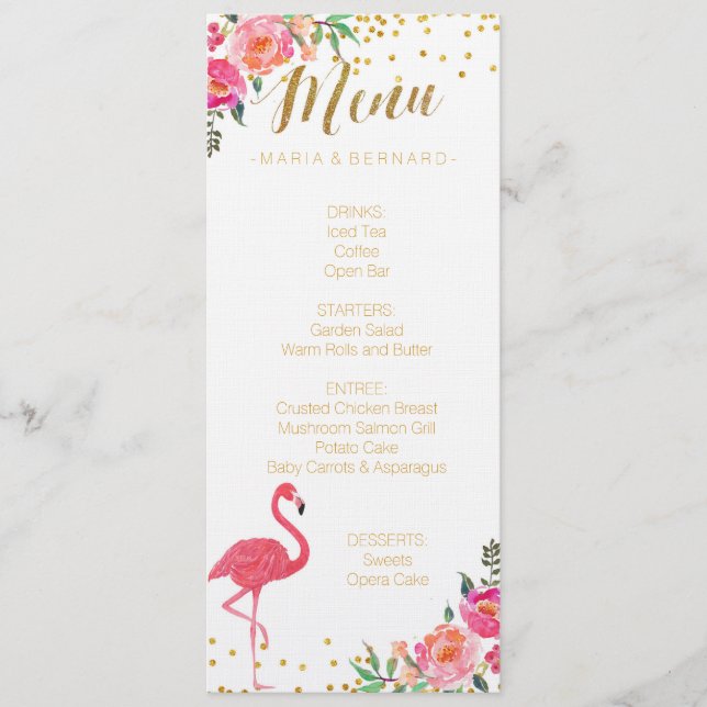 Flamingo Gold Wedding Menu Card (Front)