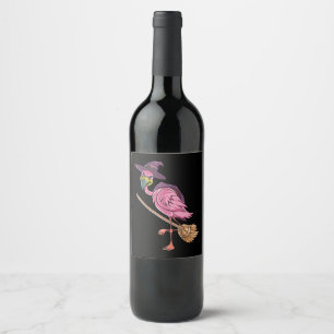 Flamingo Halloween Flamingo Witch Scary Party Wine Label