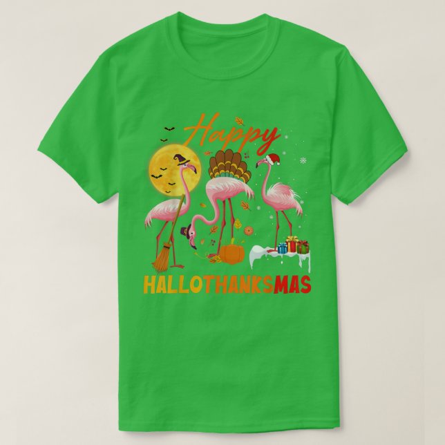 Flamingo Happy HalloThanksmas Funny Halloween Than T-Shirt (Design Front)