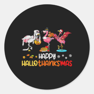Flamingo Happy Hallothanksmas Halloween Thanksgivi Classic Round Sticker