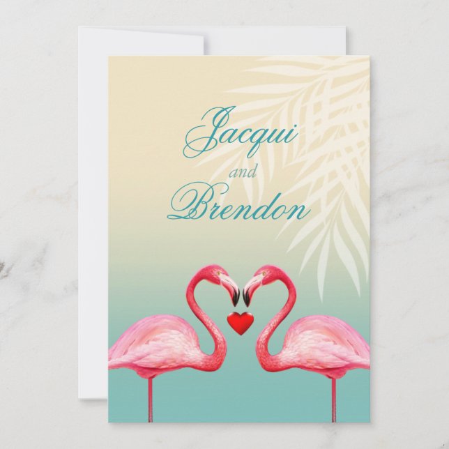 Flamingo Heart Kiss | mint blue Wedding Invitation (Front)