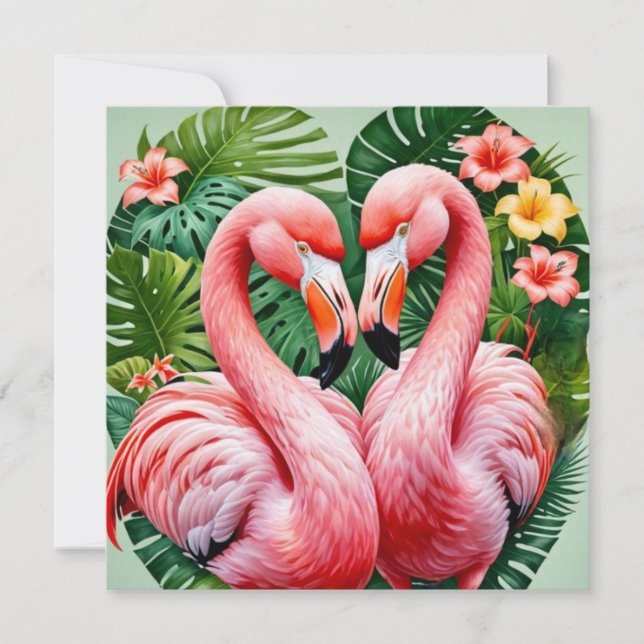 Flamingo Heart Tropical Greeting Card – Tiki Style (Front)