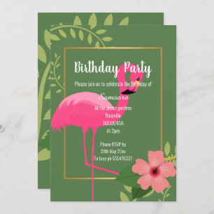 FLAMINGO HIBISCUS SAGE GREEN GOLD BIRTHDAY INVITATION