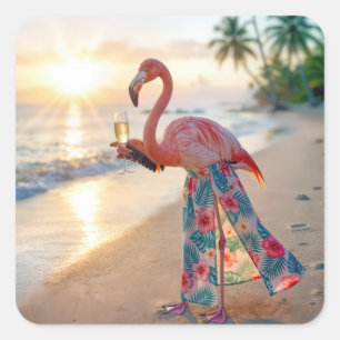 Flamingo In a Skirt Holding a Champagne Flute Square Sticker