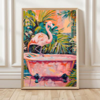 Flamingo in Bathtub Print, Bathroom Wall Art, Pink