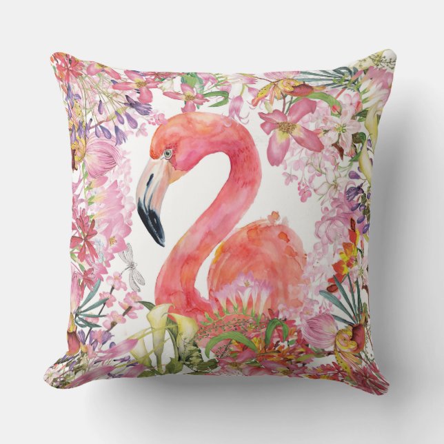 Flamingo in Flower Jungle - Summer Pattern Cushion (Front)