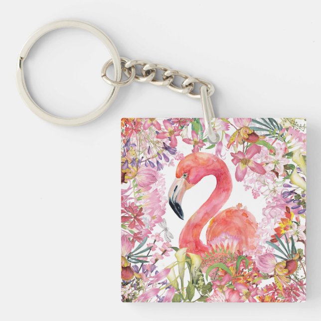 Flamingo in Flower Jungle - Summer Pattern Key Ring (Front)
