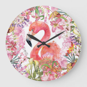 Flamingo in Flower Jungle - Summer Pattern Large Clock
