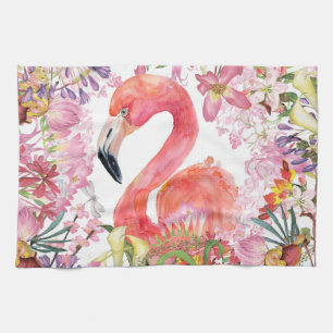 Flamingo in Flower Jungle - Summer Pattern Tea Towel