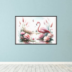 Flamingo in Pastel Pond Floral Scene Canvas Print