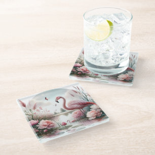 Flamingo in Pastel Pond Floral Scene Glass Coaster