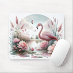 Flamingo in Pastel Pond Floral Scene Mouse Pad<br><div class="desc">Immerse yourself in a tranquil dreamscape with this elegant flamingo art, where soft pink feathers meet lush botanical beauty. Surrounded by blooming peonies, lotus pads, and pampas grasses, a graceful flamingo stands poised at the water’s edge under a pastel sky. This pink floral illustration merges tropical bird decor with the...</div>