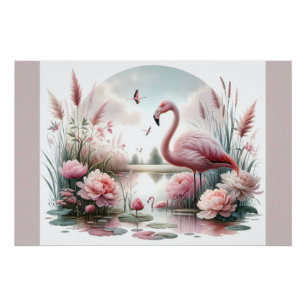 Flamingo in Pastel Pond Floral Scene Poster