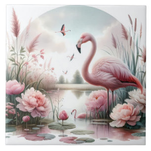 Flamingo in Pastel Pond Floral Scene Tile