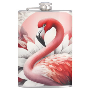 Flamingo in Red and White Watercolor Flower Art Hip Flask