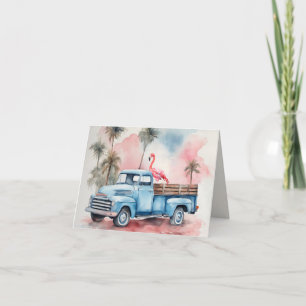 Flamingo In Retro Blue Truck Note Card