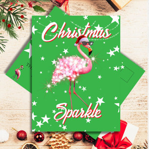 Flamingo in Santa Hat & Sunglass Green Christmas Postcard