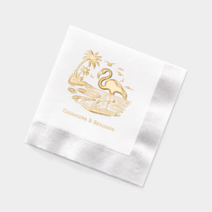 Flamingo in Water, Beach,Palm Trees with Couple Nm Foil Napkins