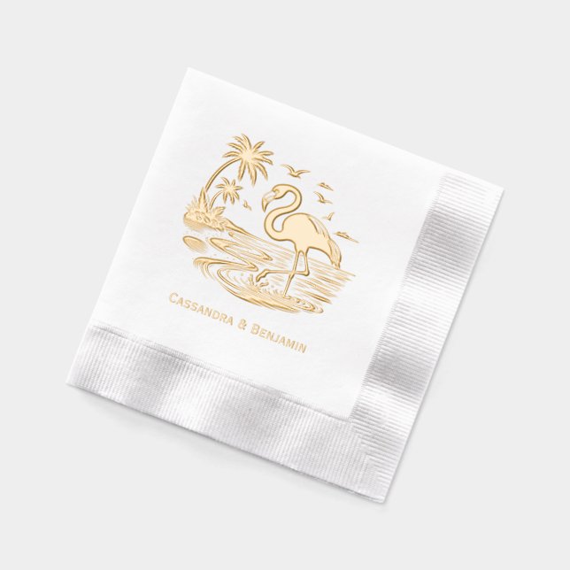 Flamingo in Water, Beach,Palm Trees with Couple Nm Foil Napkins (Left)