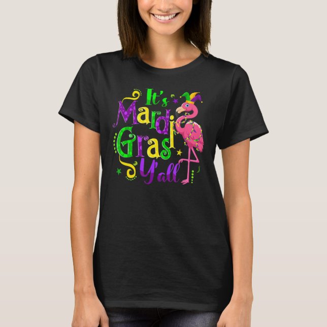 Flamingo It's Mardi Gras Y'all Jester Hat Mask Bea T-Shirt (Front)
