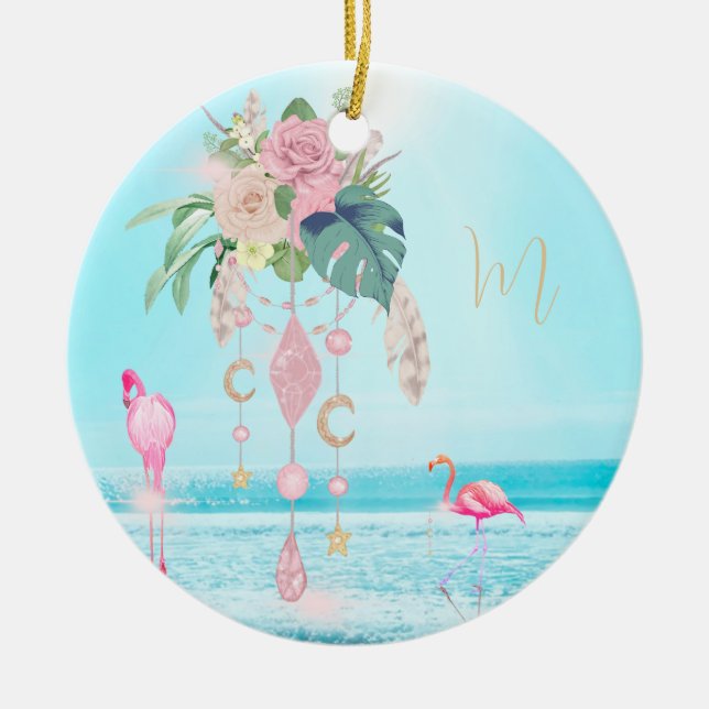 Flamingo Jewel Beach Floral Pretty Ceramic Tree Decoration (Front)