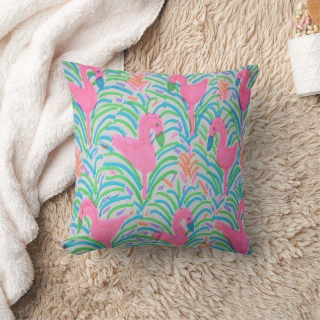 Flamingo Jungle Party Throw Pillow (Blanket)